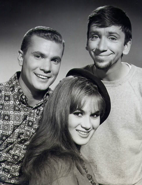 Dobie Gillis (Dwayne Hickman, left), Maynard G. Krebs (Bob Denver, right) and one of Dobie's "many loves", Yvette LeBlanc (Danielle De Metz), in a still from the Dobie Gillis episode "Parlez-Vous English", originally aired December 27, 1960.