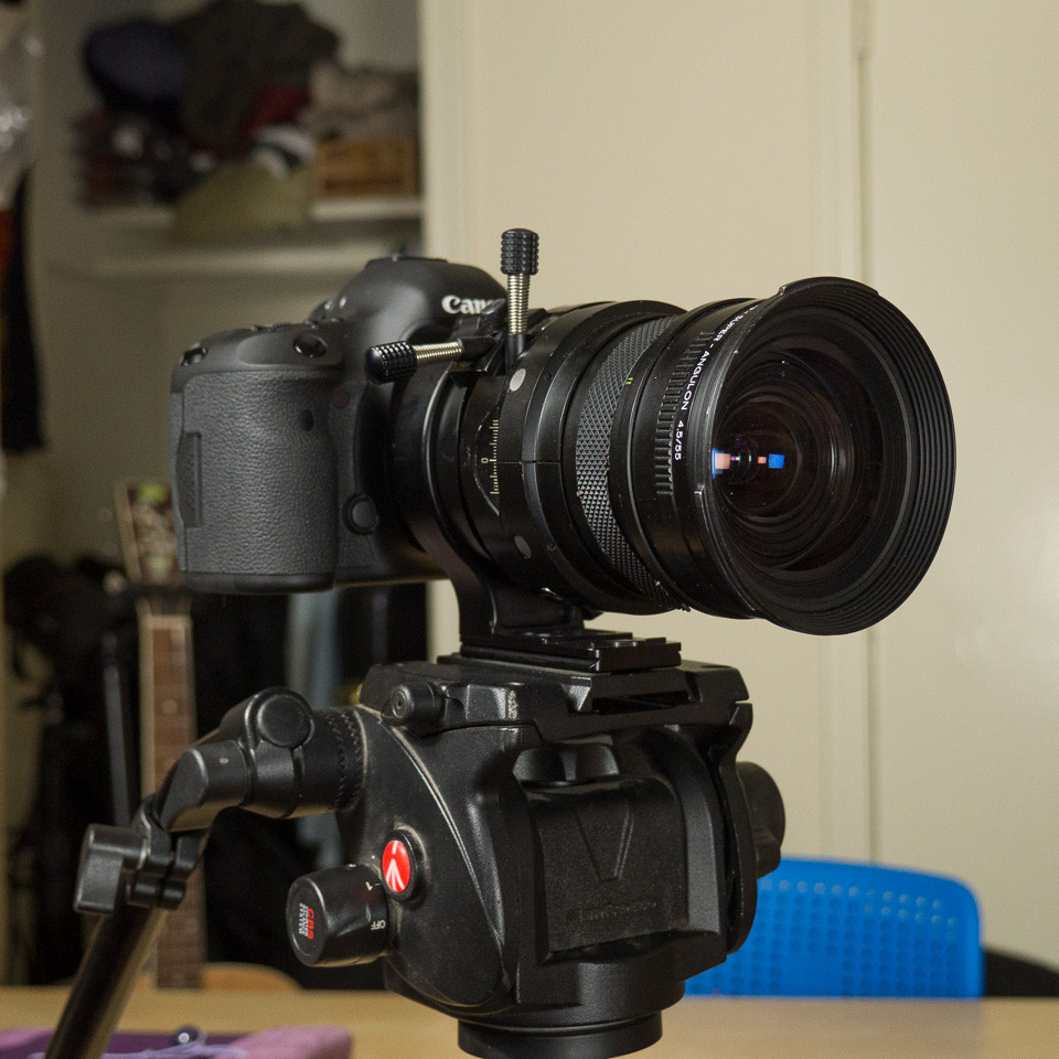 Schneider 55mm Tilt Shift lens mounted on 5D Mark III setup for video or time lapse shooting.