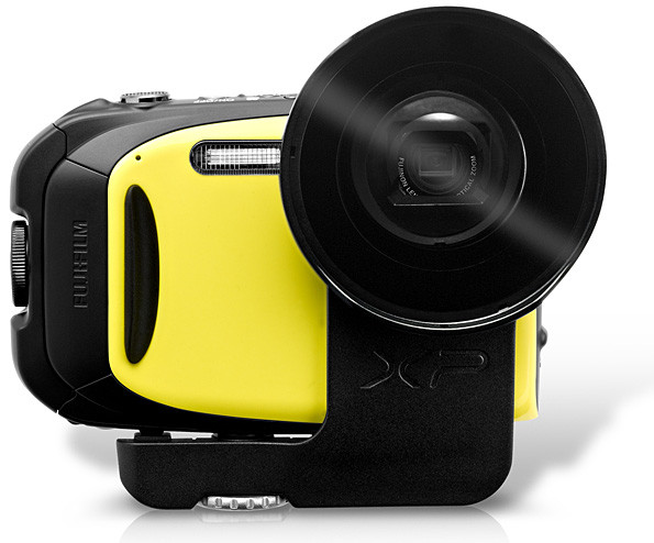 Fujifilm Finepix XP-70 in Yellow, with optional Action Camera Lens, which turns the camera lens into a fixed 18mm (equivalent)