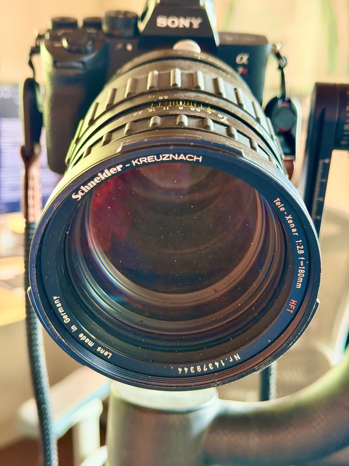 The Schneider-Kreuznach Tele-Xenar 180mm f/2.8 HFT mounted on the Sony A7RV